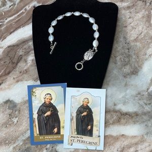 NEW St. Peregrine Silver Tone Charm & Faux Pearl Bracelet with Prayer Cards